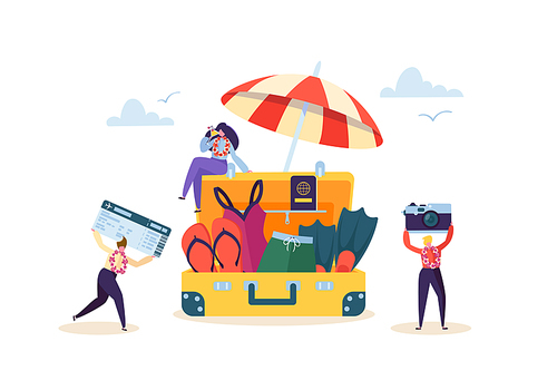 Happy Business Characters Preparing to Beach Vacation. Office Workers People on Tropical Resort with Cocktail. Tourism and Travel. Vector illustration