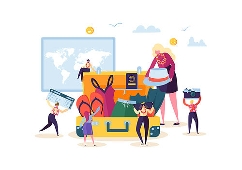Characters Packing Luggage for Travel. Man and Woman Preparing for Tropical Trip. Happy People Traveling to Beach Vacation. Vector illustration