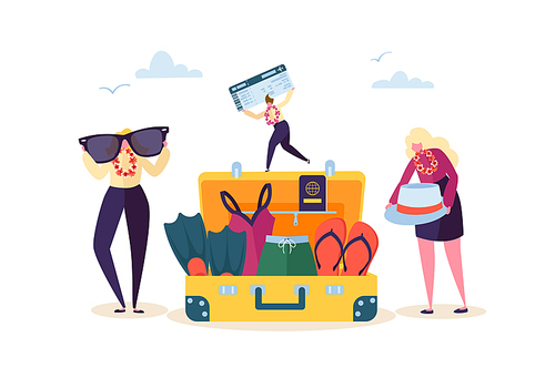 Characters Packing Baggage for Travel. Man and Woman Preparing for Tropical Trip. Happy People Traveling to Beach Vacation. Vector illustration
