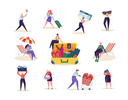 Characters Collection Man and Woman Preparing for Tropical Trip. Happy People Planning Beach Vacation Summer Journey. Vector illustration