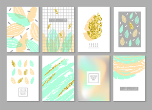 abstract design cards set in gold glitter with leaves.  invitation poster cover templates. vector illustration