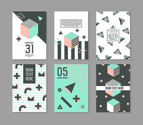 memphis style geometric elements poster templates set. abstract hipster fashion 80s 90s cards  banners with place for text. vector illustration