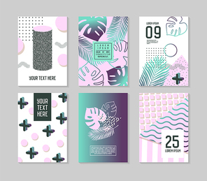 abstract tropical poster templates set with palm leaves and geometric elements. hipster memphis style  banners flyer. vector illustration