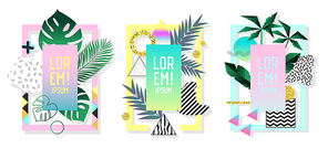 Posters Set with Abstract Geometric Elements and Palm Leaves. Tropical Design Set Memphis Style 80s-90s Fashion for Covers, Placards, Flyers. Vector illustration