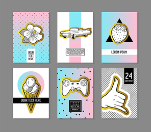 Pop Art Retro Style Posters Set. Trendy Fashion Banners with Badges and Patches for Placards, Covers Design, Invitations, Advertising. Vector illustration
