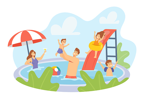 Happy Family Characters Having Rest in Swimming Pool. Mother, Father and Children Swim and Enjoy Recreation at Hotel, Vacation in Hot Tropical Country Resort. Cartoon People Vector Illustration
