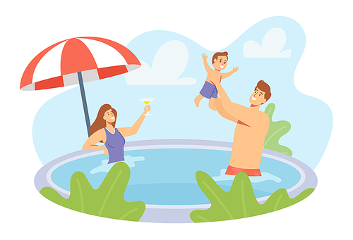 Happy Family Holidays. Young Parents and Little Child Characters Playing in Swimming Pool. Father Splashing with Son, Mother Drink Cocktail. Summer Vacation, Resort. Cartoon People Vector Illustration