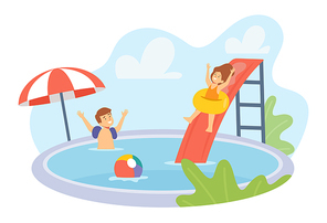Boy and Girl Characters in Swimwear Playing in Swimming Pool. Kids Having Fun on Summer Vacation. Children Sliding on Inflatable Rings into Water, Childhood Joy. Cartoon People Vector Illustration