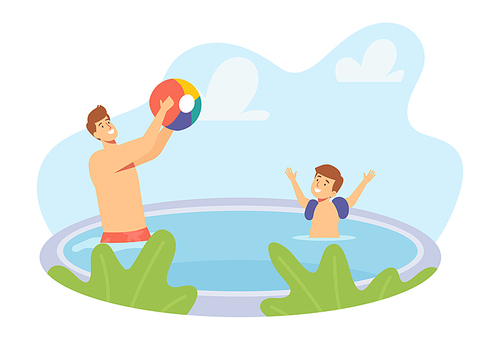 Father and Little Son Playing in Swimming Pool Splashing and Throwing Beach Ball. Happy Family Characters on Summer Vacation, Dad and Boy Having Fun on Holidays. Cartoon People Vector Illustration