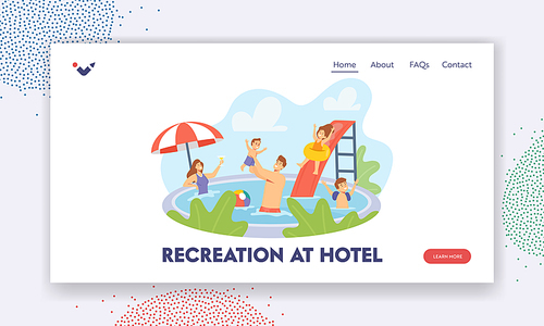 Recreation at Hotel Landing Page Template. Happy Family Characters Having Rest in Swimming Pool. Mother, Father and Children Swim and Enjoy Vacation on Resort. Cartoon People Vector Illustration