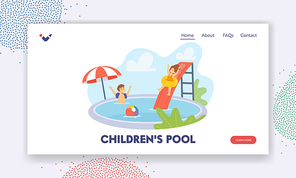 Children in Swimming Pool Landing Page Template. Boy and Girl Characters Having Fun on Summer Vacation. Kids Sliding on Inflatable Rings into Water, Childhood Joy. Cartoon People Vector Illustration