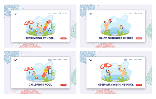 Happy Family Rest in Swimming Pool Landing Page Template Set. Mother, Father and Children Characters Swim and Enjoy Recreation and Vacation in Hotel Resort. Cartoon People Vector Illustration