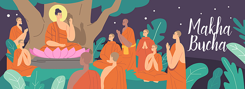 Makha Bucha Greeting Card. Buddha Sitting in Lotus Flower under Bodhi Tree at Night surrounded with Buddhists Monks wearing Orange Robes. Buddha Character Teaching. Cartoon People Vector Illustration