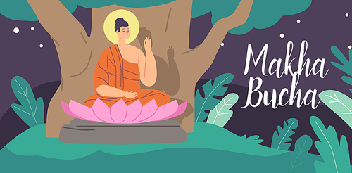 Makha Bucha Greeting Card. Buddha Character Sitting under Bodhi Tree in Pink Lotus Flower at Night. Religious Concept of Nirvana and Buddhism Teaching or Worship. Cartoon People Vector Illustration
