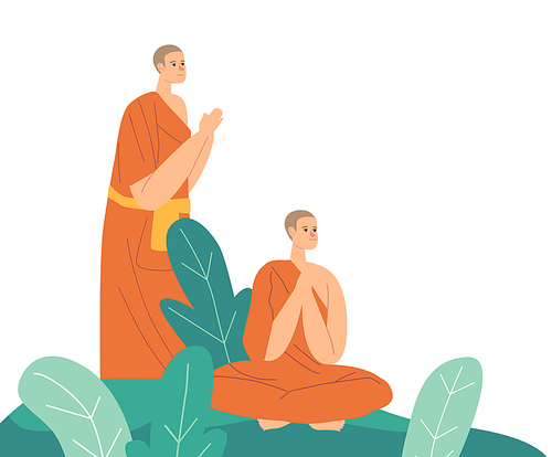 Buddhism Monks Wearing Orange Robes Praying or Meditating Outdoor. Buddhists Characters Meditation, Religious Lifestyle, Young Asian Monks Reach Enlightenment. Cartoon People Vector Illustration