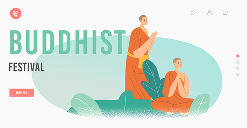 Buddhist Festival Landing Page Template. Buddhism Monks Wearing Orange Robes Praying or Meditating Outdoor. Buddhists Characters Meditation, Reach Enlightenment. Cartoon People Vector Illustration