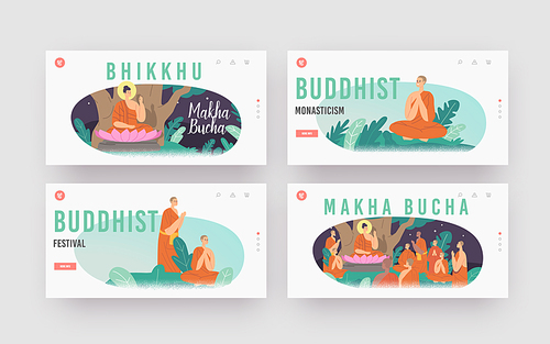 Makha Bucha Landing Page Template Set. Buddha Sit in Lotus Flower under Bodhi Tree at Night surrounded with Buddhists Monks wearing Robes. Buddha Character Teaching. Cartoon People Vector Illustration