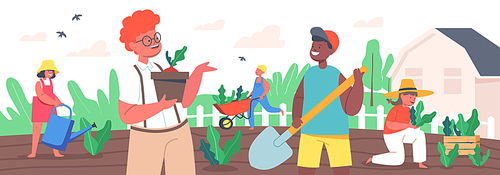 Children Gardening Work. Little Gardeners Boys and Girls Planting and Caring of Plants. Happy Kids Characters Working in Summer Garden Watering, Dig, Care of Bushes. Cartoon People Vector Illustration