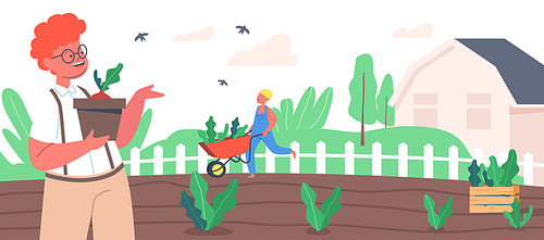 Children Farmer or Cottager Characters Working in Garden Planting Sprouts to Ground, Care of Plants. Kids Active Outdoors Hobby, Gardening and Farming Works at Summer. Cartoon Vector Illustration