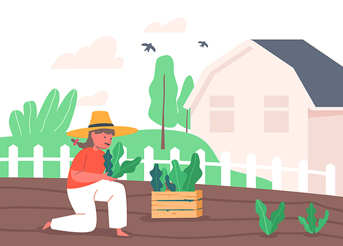 Little Girl Farmer or Cottager Character Working in Garden Planting Green Sprouts to Ground, Child Care of Plants. Active Outdoors Hobby, Gardening and Farming Works. Cartoon Vector Illustration