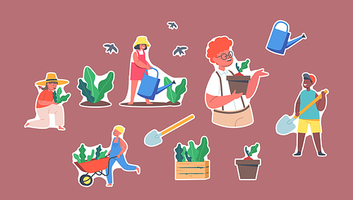 Set of Stickers Children Gardening Work. Little Gardeners Boys and Girls Planting and Caring of Plants. Happy Kids Characters Working in Garden Watering Sprouts and Dig Soil. Cartoon Vector Patches