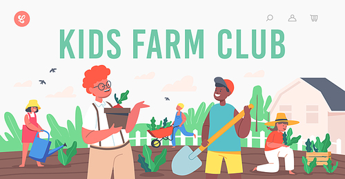 Kids Farm Club Landing Page Template. Children Gardening Work. Little Gardeners Boys or Girls Planting and Caring of Plants. Happy Kids Characters Working in Garden. Cartoon People Vector Illustration