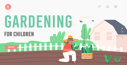 Gardening for Children Landing Page Template. Little Girl Farmer or Cottager Character Working in Garden Planting Green Sprouts to Ground, Child Care of Plants, Farming. Cartoon Vector Illustration