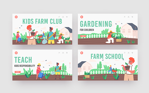 Kids Farming Landing Page Template Set. Children Gardening Work. Little Gardeners Boys or Girls Planting and Caring of Plants. Kids Characters Working in Garden. Cartoon People Vector Illustration
