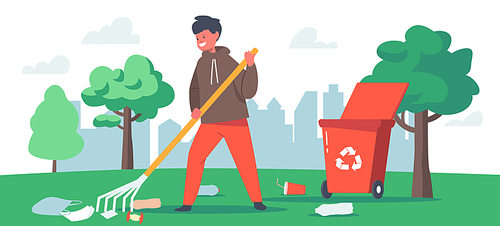 Kid Cleaning Garden, Nature Garbage Pollution, Ecology Protection Concept. Boy Volunteer Character Raking Ground in Park Collecting Trash into Recycling Litter Bin. Cartoon Vector Illustration