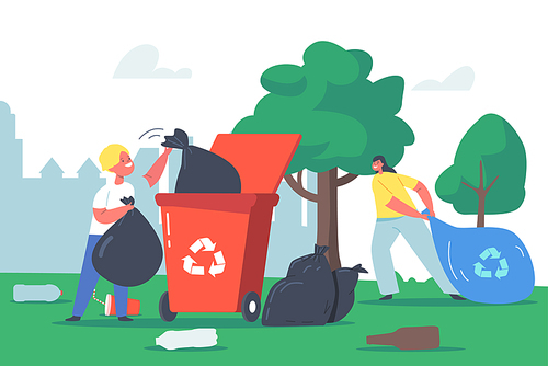 Kids Recycling Garbage, Children Characters Cleaning Garden Collect Litter in Trash Bag and Litter Bin with Recycle Sign, Park Clean Up, Wastes Pollution, Earth Day. Cartoon People Vector Illustration