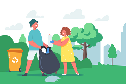 Little Girl and Boy Characters Collect Garbage into Trash Sack and Recycling Litter Bin in Garden. Ecology Protection, Earth Pollution Problem, Eco Activist Plastic Reuse. Cartoon Vector Illustration