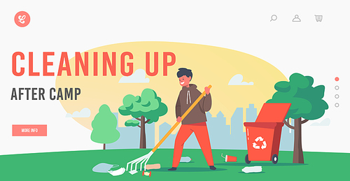 Child Cleaning Up after Camp Landing Page Template. Kid Raking Ground Collecting Trash into Recycling Litter Bin. Clean Garden, Save Nature Ecology Protection Concept. Cartoon Vector Illustration