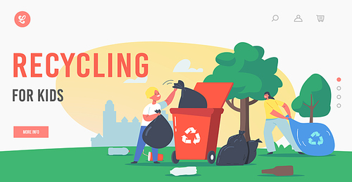 Kids Recycling Garbage Landing Page Template. Children Characters Cleaning Garden Collect Litter in Bag and Litter Bin with Recycle Sign, Park Clean Up, Earth Day. Cartoon People Vector Illustration