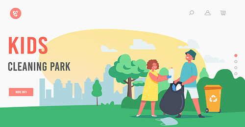 Kids Cleaning Park Landing Page Template. Little Girl and Boy Characters Collect Garbage into Trash Sack and Recycling Litter Bin in Garden. Ecology Protection Concept. Cartoon Vector Illustration