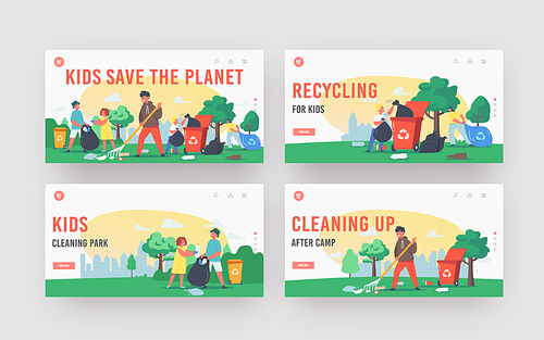 Kids Cleaning City Park, Save Planet Landing Page Template Set. Children Characters Cleaning Garden, Garbage Recycling, Ecology Protection, Volunteers Social Charity Cartoon People Vector Illustration