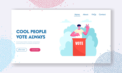 Man Put Paper Vote into Ballot Box Showing Victory Gesture. Male Character Execute Rights and Duties in Political Country Life Website Landing Page, Web Page. Cartoon Flat Vector Illustration, Banner