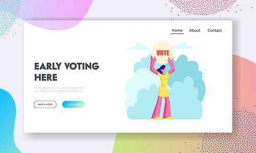 Female Character Holding Vote Banner in Hands, Law-abiding Citizen Execute Rights and Duties in Political Life of Country Website Landing Page, Web Page. Cartoon Flat Vector Illustration, Banner