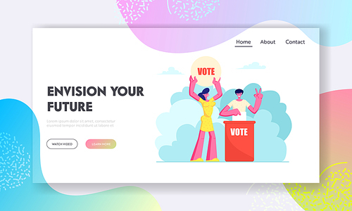 People Putting Paper Vote into Ballot Box. Male and Female Characters, Execute Rights and Duties in Political Life of Country Website Landing Page, Web Page. Cartoon Flat Vector Illustration, Banner