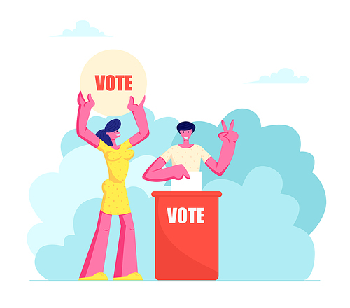 People Putting Paper Vote into Ballot Box. Male and Female Characters, Law-abiding Citizen, City Dwellers Execute their Rights and Duties in Political Life of Country Cartoon Flat Vector Illustration