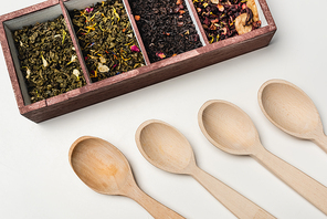 Top view of wooden spoons near dry tea in box on white background