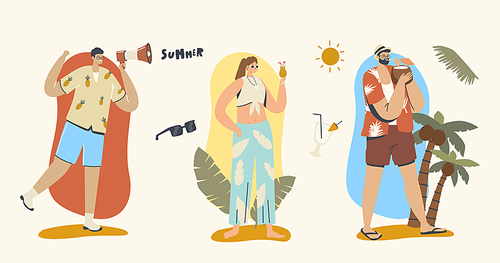 Summer Time Concept. Man with Megaphone Advertisement Announcement, Sale Promo. Male and Female Characters in Beach Clothes Drinking Cocktails. Holidays, Vacation. Cartoon People Vector Illustration