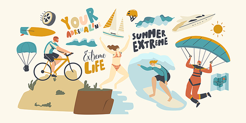 Characters Summer Extreme Sport Activity Surfing, Paragliding, Mountain Biking, Jumping from Edge. Sports People Relax, Summertime Vacation, Leisure Sport Xtreme Recreation. Linear Vector Illustration
