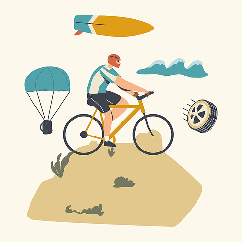 Cyclist Sportsman Character in Sports Wear and Helmet Riding Bike, Outdoors Summer Extreme. Bicycle Active Sport Life and Healthy Lifestyle, Bike Rider in Race Competition. Linear Vector Illustration