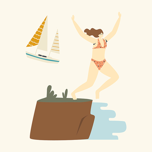 Happy Female Character Jumping from Cliff Edge to Ocean with Hands Up, Beach Party Celebration, Summer Extreme. Woman in Swimming Bikini Have Fun on Vacation, Rejoice. Linear Vector Illustration