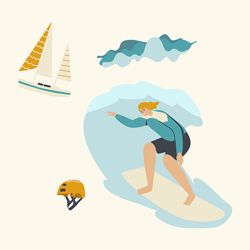 Surfing Recreation in Ocean. Young Woman Surfer Character in Swim Wear Riding Big Sea Wave on Board. Summertime Activity, Healthy Lifestyle, Vacation Extreme Leisure Fun. Linear Vector Illustration