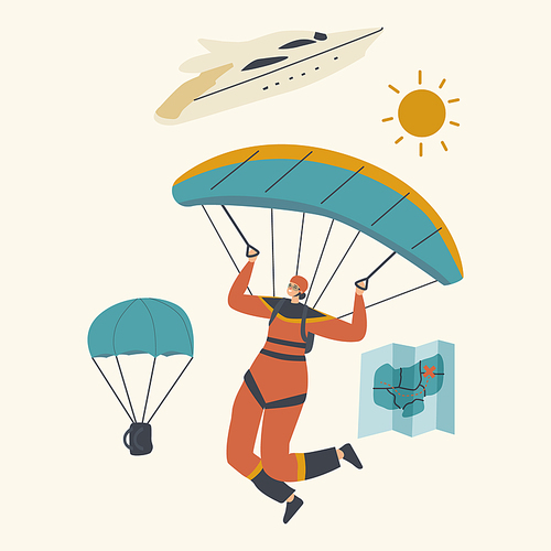Skydiver Character Jumping with Parachute Soaring in Sky. Skydiving Parachuting Sport. Parachutist Flying Through Clouds. Extreme Summer Outdoors Activities, Recreation. Linear Vector Illustration