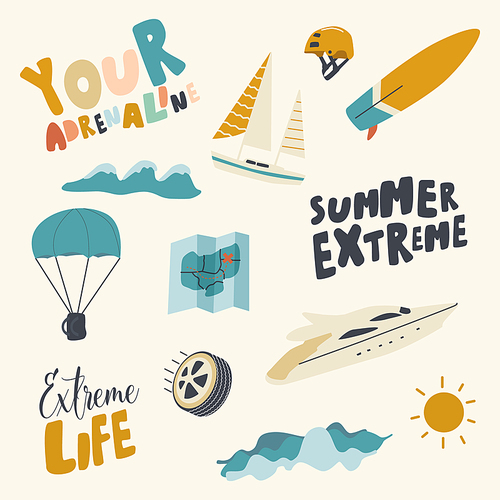 summer extreme icons set. adrenaline activity, summertime recreation parachuting,  and sailing. shining sun, clouds and ship or yacht, parachute, typography. linear vector illustration