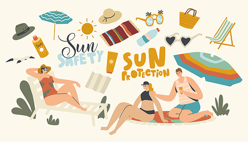 People Use Sun Protection Concept. Male and Female Characters on Beach Put Sunscreen Cream on Skin. Summer Vacation, Ultraviolet Rays Hazard for Health Defence, Sunbath. Linear Vector Illustration