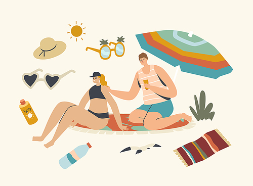 Summer Vacation, Ultraviolet Rays Hazard for Health Defence, Sunbath. People Use Sun Protection Concept. Male and Female Characters on Beach Put Sunscreen Cream on Skin. Linear Vector Illustration