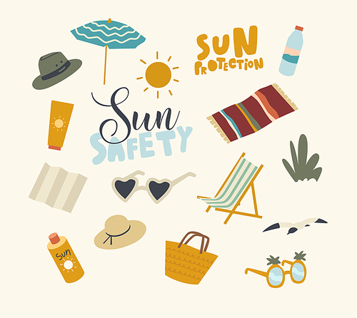Set Icons Sun Safety Theme Beach Umbrella, Mat and Bag with Sunglasses, Sunscreen Cream Tube and Water Bottle. Straw or Panama Hat and Gull. Accessories for Summer Weather. Linear Vector Illustration